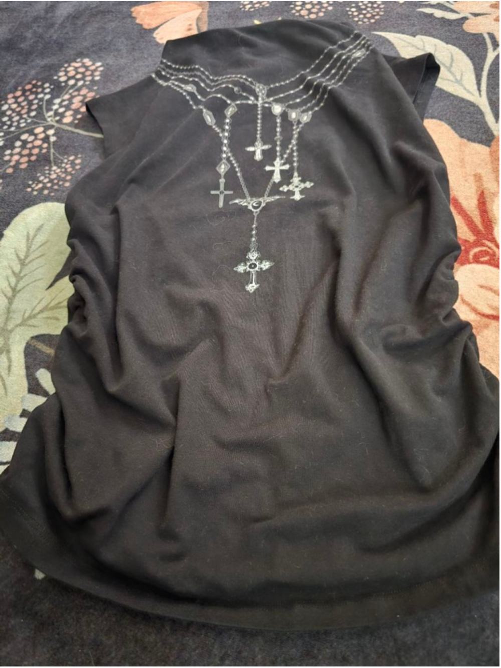 Whimsigoth Midnight Hour Black Ruched Tank with Silver Crosses Chains Size Med